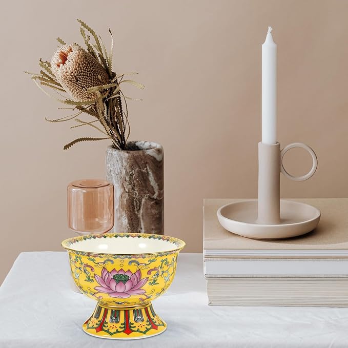 Garneck Singing Bowl Buddhist Antique Ceramic Lotus Carving Handmade Bowl Temple Desktop Ornament for Chakras Healing Meditation Zen Yellow - Bloomnest