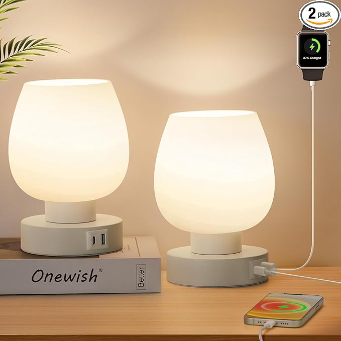 Touch Bedside Table Lamp Set of 2 - Modern Nightstand with USB-C&A Charging, 3-Way Dimmable LED Desk Lamp, White Opal Glass Shade - Bloomnest