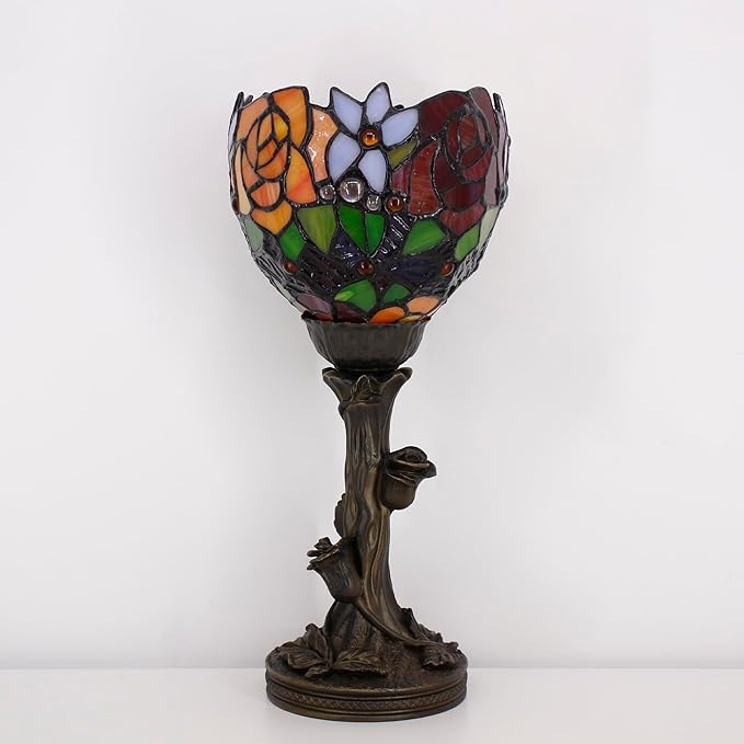 Small Tiffany Lamp Mini Stained Glass Table Lamp Red Rose Accent Desk Uplight W6H 13.5 Inch Bronze Resin Base - Bloomnest