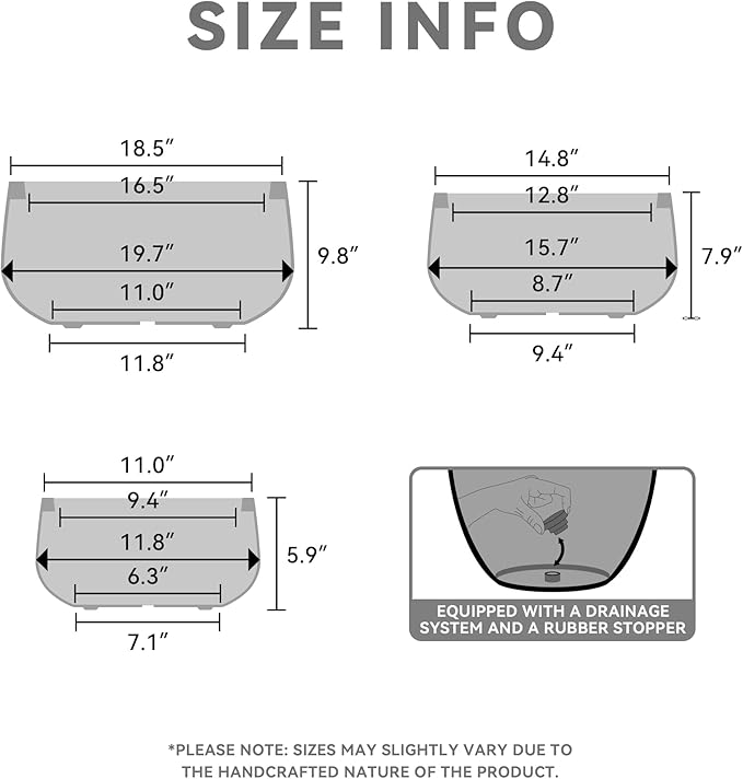 Kante 19.6",15.7",11.8" Dia Round Concrete Planters Set of 3, Outdoor Indoor Garden Plant Pots with Drainage Hole and Rubber Plug, Modern Curvaceous Design, Black - Bloomnest