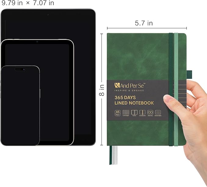 &And Per Se Lined Journal Notebook, 365 Pages, A5 Faux Leather Hardcover,100GSM Thick Paper, Journal for Women Men, Journaling Notebooks -5.7x8 (Green)