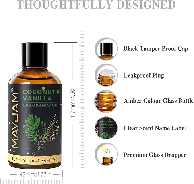 MAYJAM Coconut & Vanilla Fragrance Oils Essential Oil - Coconut & Vanilla Oil for Diffusers, 3.38FL.OZ/100ML Large Volume Fragrance Oil with Premium Glass Dropper - Bloomnest