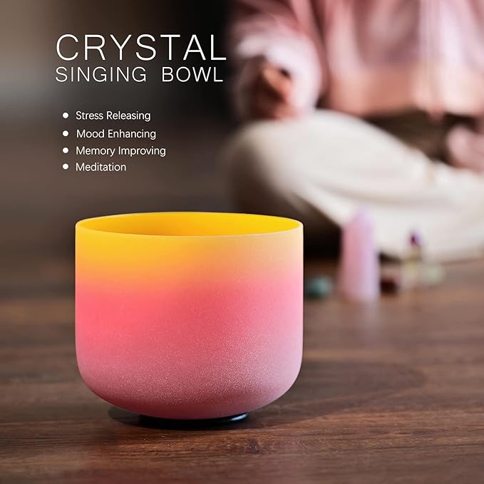 CVNC 440HZ 8 Inch Rainbow Colored E Note Solar Plexus Chakra Frosted Quartz Crystal Singing Bowl for Sound Healing and Meditation - Bloomnest