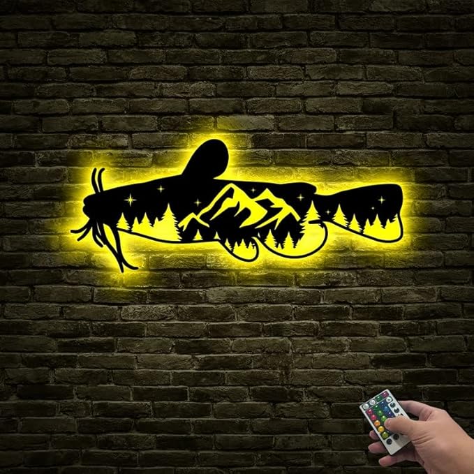 Personalized Neon Sign, Catfish Mountain Metal Wall Art Led Light, Fishing Gifts for Men, Gift for Dad, Fish and Trees Sign, Cabin Lodge Decor, Fisherman Gift - Bloomnest