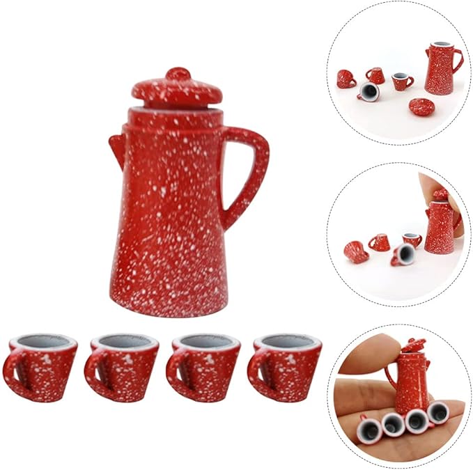 LOGOFUN 5pcs Dollhouse Miniature Tea Cup Set Tiny Tea Party Set Simulation Teapot Set (Red)