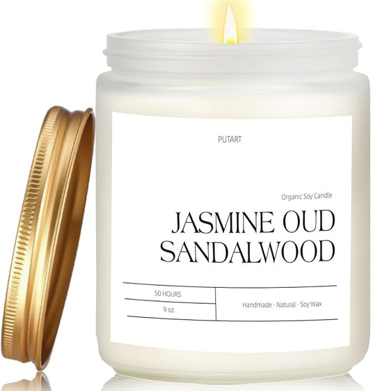 Jasmine, Oud & Sandalwood Scented Candles for Home, Natural Soy Wax Aromatherapy Non Toxic Candle Gifts for Women Men, Home Fragrance Decoration Glass Jar Candle for Relaxation (9oz White - Bloomnest