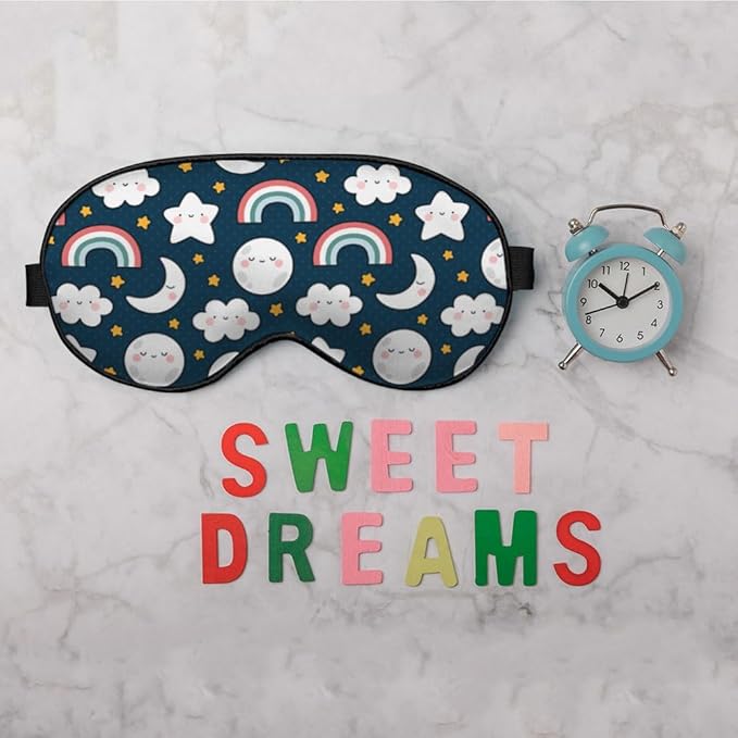 Cute Sky Night Eye Mask Sleeping Mask Moon Clouds Rainbows Stars Sleep Masks Silky Soft Eye Cover for Women Men Shading Blindfold for Air Travel Sleeping - Bloomnest