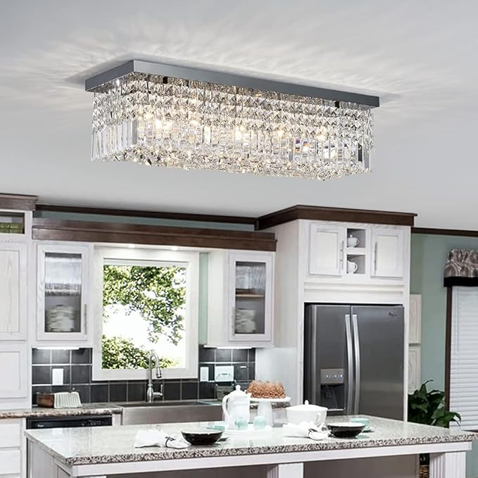 Saint Mossi 22010 5-Lights Modern K9 Crystal Chandelier, Island Design, Flush Mount Ceiling Light, H9 x W10 x L31, Clear Crystal & Pearl Black Finish - Bloomnest