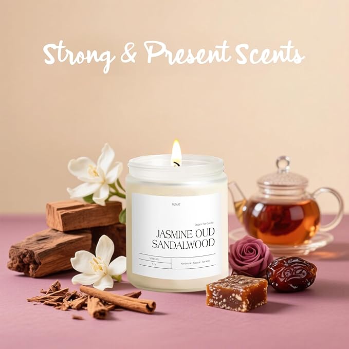 Jasmine, Oud & Sandalwood Scented Candles for Home, Natural Soy Wax Aromatherapy Non Toxic Candle Gifts for Women Men, Home Fragrance Decoration Glass Jar Candle for Relaxation (9oz White - Bloomnest