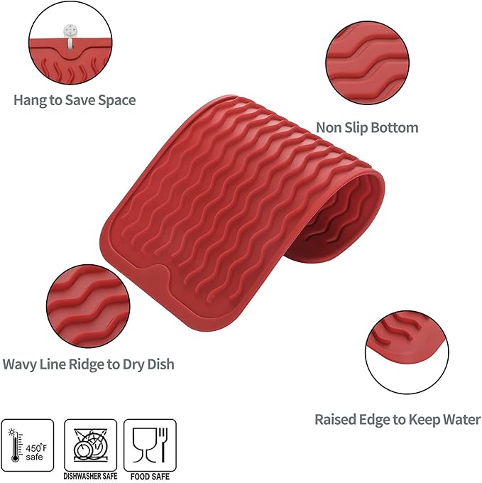 Silicone Dish Drying Mat for Multiple Usage,Easy clean,Eco-friendly,Heat-resistant Silicone Mat for Kitchen Counter or Sink,Refrigerator or Drawer Liner Red S 12 inches x 6 inches - Bloomnest