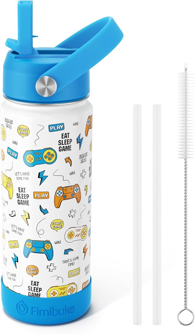 Fimibuke Kids Insulated Water Bottle, 18oz BPA FREE 18/8 Stainless Steel Kids Cup with Straw Travel Tumbler Double Wall Vacuum Leak Proof Toddler Water Bottle for School Boys Girls(1 Pack, Game) - Bloomnest