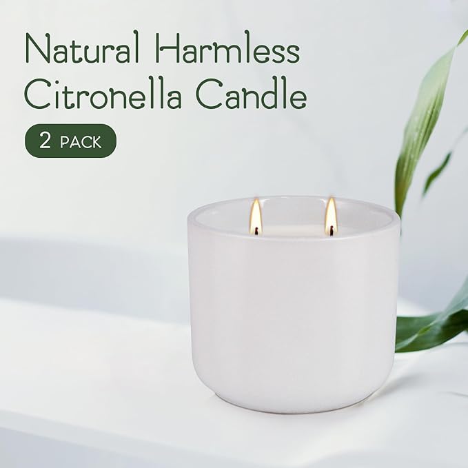 2-Pack Large Citronella Scented Candles - White Ceramic Double-Wick, Natural Soy Wax, Decorative Geometric Jar for Patio, Garden & Outdoor Decor - Bloomnest