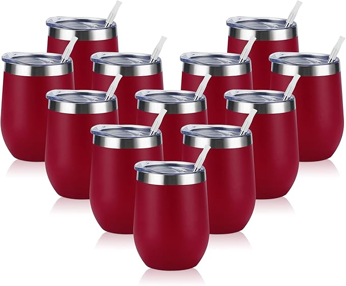 12 Pack Stainless Steel Wine Tumblers, 12Oz Double Wall Vacuum Insulated Wine Tumblers with Lids and Straws, Stainless Steel Stemless Wine Glasses for Coffee, Wine, Cocktails, Champaign, Wine Red… - Bloomnest