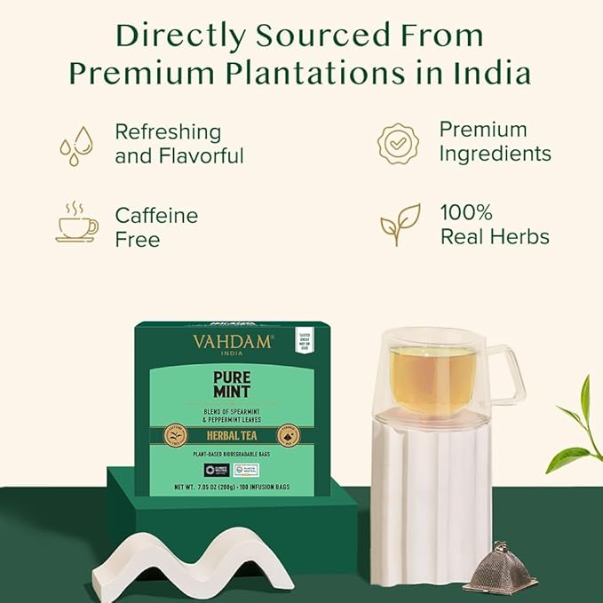 VAHDAM, Pure Mint Herbal Tea (100 Pyramid Tea Bags) Caffeine Free, Non GMO, Gluten Free | Blend of Spearmint & Peppermint - Sweet & Minty | Resealable Ziplock Pouch - Bloomnest