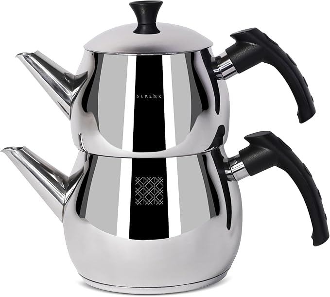 Serenk Modernist Stainless Steel Teapot | 1 L Top, 1.5 L Base, Induction Ready, Mirror Finish, Cool-Touch Handles, Elegant, Durable, Dishwasher Safe - Bloomnest