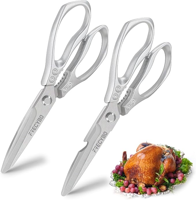 All Purpose Heavy Duty Shears, 2-Pack Kitchen Scissors for Food, Metal Handle Stainless Steel Cooking Scissors for Kitchen, Chicken, Fish, Meat, Poultry, Herbs (Silver) - Bloomnest