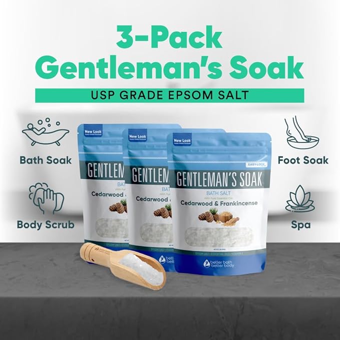 Gentleman's Bath Salt (3-Pack Plus Scoop) Bath for Men with Pure Essential Oils in BPA Free Pouch with Press-Lock Seal Made in USA 3-Pack of 2-lbs, 6-lbs Total - Bloomnest