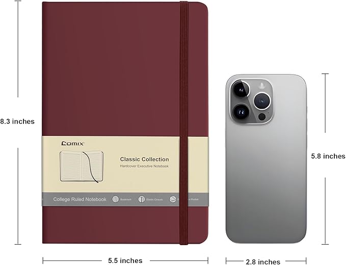 Comix Lined Journal Notebook for Women Men, Journaling Notebooks for Office School Home, Burgundy, 240 Pages, 5.5" x 8.3", College Ruled, A5, Hardcover - Bloomnest