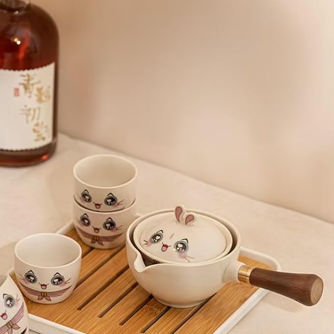 Ceramic Portable Travel Tea Set, Chinese Kungfu Tea Set with 360 Rotation Teapot and Infuser, 4 Tea Cups, Tea Tray And Travel Bag (Lovely Rabbit)