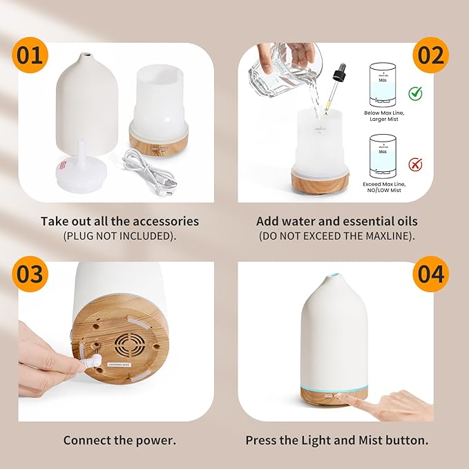 URPOWER 120ML Ceramic Essential Oil Diffuser Ultrasonic Aromatherapy Diffuser with Wood Grain Base, 7-Color LED Lights Auto Shut-Off, Humidifier for Home & Office, Air Diffuser for Relaxation - Bloomnest