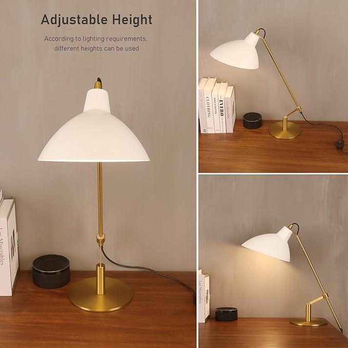 Desk Lamp Modern Industrial 100% Metal Table Lamp 22", Soft White Light (3000K) with Adjustable Switch, Ideal for Office Bedroom Study Room Living Room Nightstand Bedside Lamps White+Brass - Bloomnest