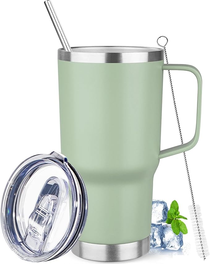 20oz Stainless Steel Insulated Tumbler with Handle, Double Wall Vacuum Insulated Coffee Mug, Leak Proof Travel Mug, Hot & Cold Drink, Green Tea, 1 Pack