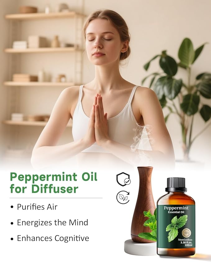 Peppermint Essential Oil Pure, Mumianhua Natural Peppermint Oil for Diffuser, Aromatherapy, Skin, Hair,SPA, DIY, Soap Making,Cleaning 3.38 Fl Oz - Bloomnest