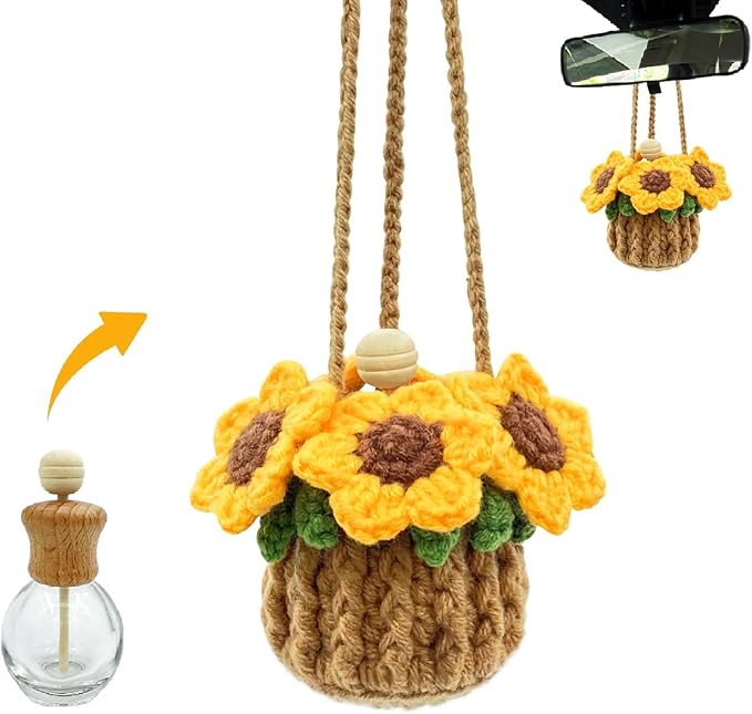 Crochet Car Air Freshener, 15ml Empty Refillable Oil Diffuser Bottle with Hanging Crochet Sunflower for Car Rearview Mirror Decor Air Freshener Diffuser for Home, and Office Decor(Sunflower) - Bloomnest