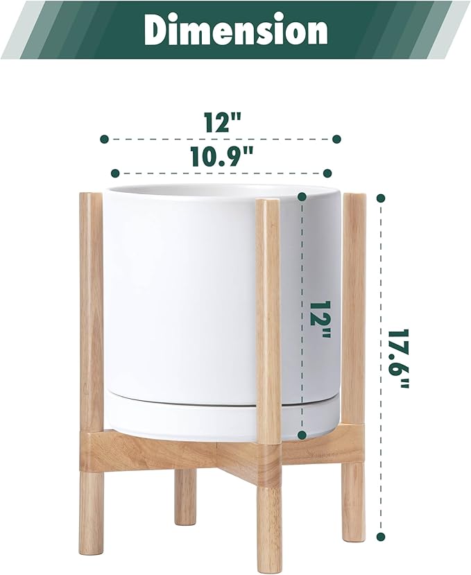 D'vine Dev Ceramic Planter with Natural Stand - 12 Inch Modern Round Flower Pot with Wood Planter Holder, White, 55-B-J-1 - Bloomnest