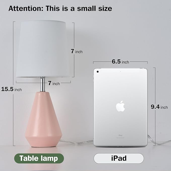 Small Bedside Table Lamp for Bedroom - Reading Desk Lamp with 3 Color Temperatures，15.5" Nightstand Ceramic Lamp with Fabric Shade for Kids Room,Living Room,Dorm,Home Office (Pink+White) - Bloomnest