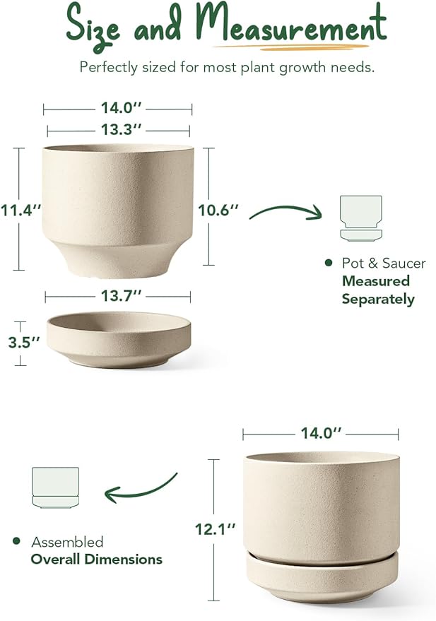 LE TAUCI Large 14 Inch Plant Pot with Saucer | Ceramic Outdoor & Indoor Big Planter Pot | Drainage Hole, Mesh Pad & Plug | Unglazed Porous | Modern Minimalist for Home and Patio – Speckled Oat - Bloomnest