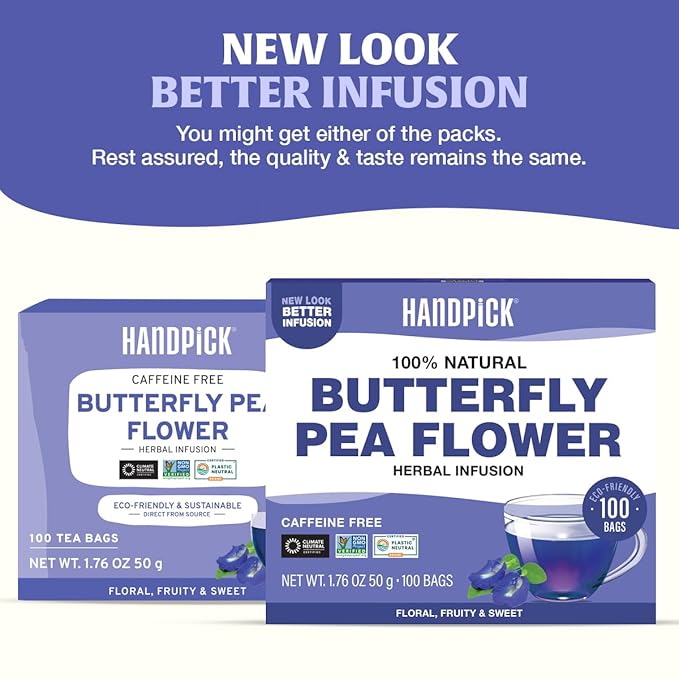 HANDPICK, Butterfly Pea Flower Tea (100 Herbal Tea Bags) | Caffeine Free, Non GMO | Premium Dried Butterfly Pea Flowers For Blue & Purple Drinks, Food Coloring | Iced Teas, Coolers, Cocktails - Bloomnest