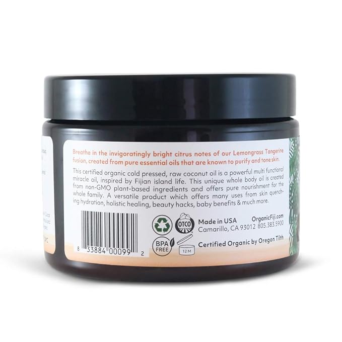 Organic Fiji Raw Cold Pressed Coconut Oil for Hair, Skin, Face & Body | Relaxing Massage Oil | Lemongrass Tangerine,12 oz for Women Men & Baby - Bloomnest