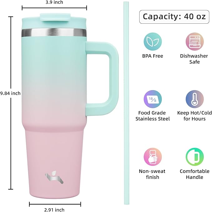 40 oz Tumbler with Handle and 2 Straws,2 in 1 Lid Insulated Water Bottle Stainless Steel Travel Coffee Mug,Gum - Bloomnest