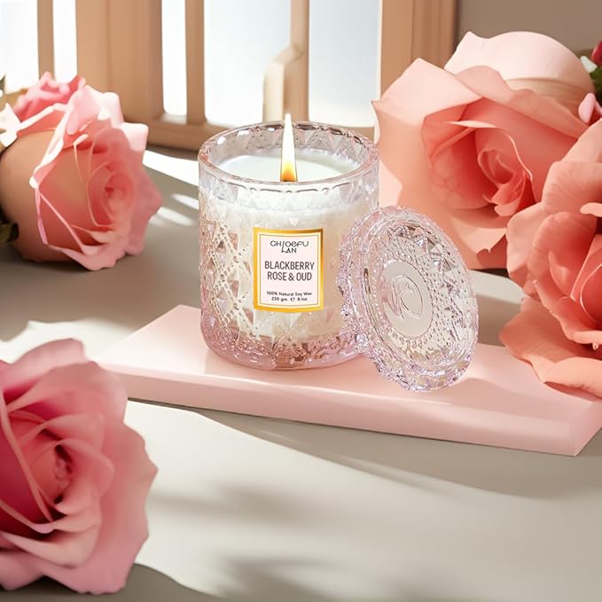 Chloefu LAN Rose Scented Candle, Oud Candle, Mothers Day Candles Gifts for Women, Pink Candles for Home Scented, 55 Hours Long Burning, 100% Natural Soy Wax - Bloomnest