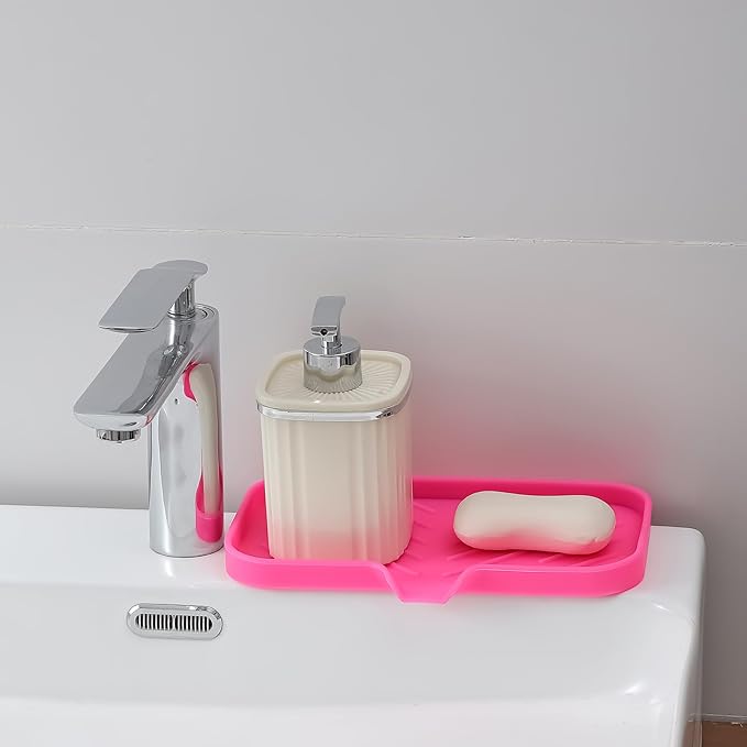 Silicone Bathroom Soap Dishes with Drain Spout-Bathroom and Kitchen Sink Organizer,Sponge Holder,Dish Soap Tray,Perfect for Dispenser,Scrubber,Bottle,Cup on Sink or Counter-Rose 9.6"×5.3" - Bloomnest