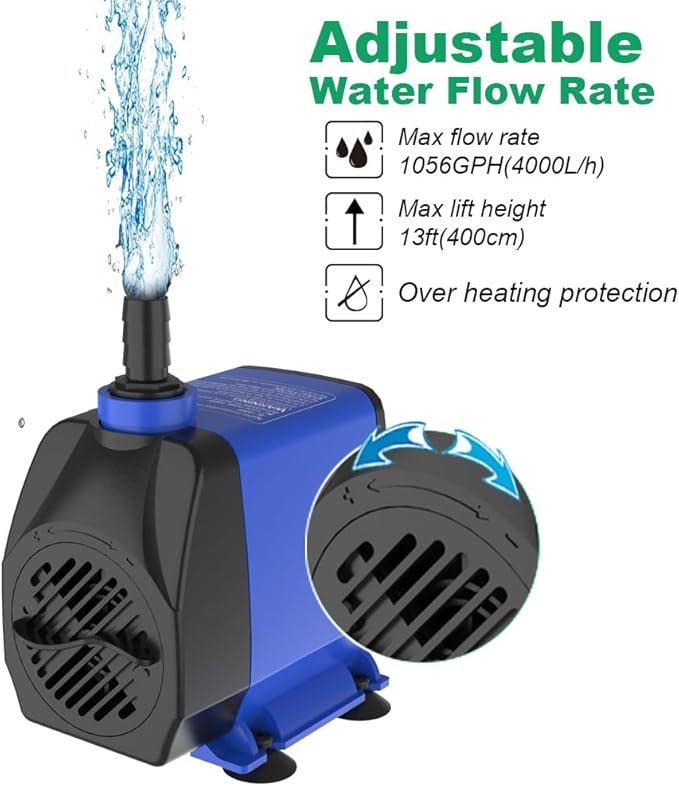 Submersible Pump 1056GPH (4000L/H 85W) Ultra Quiet with Over Heating Protection 9.8ft Power Cord for Fountains, Hydroponics, Ponds, Aquariums & More… - Bloomnest