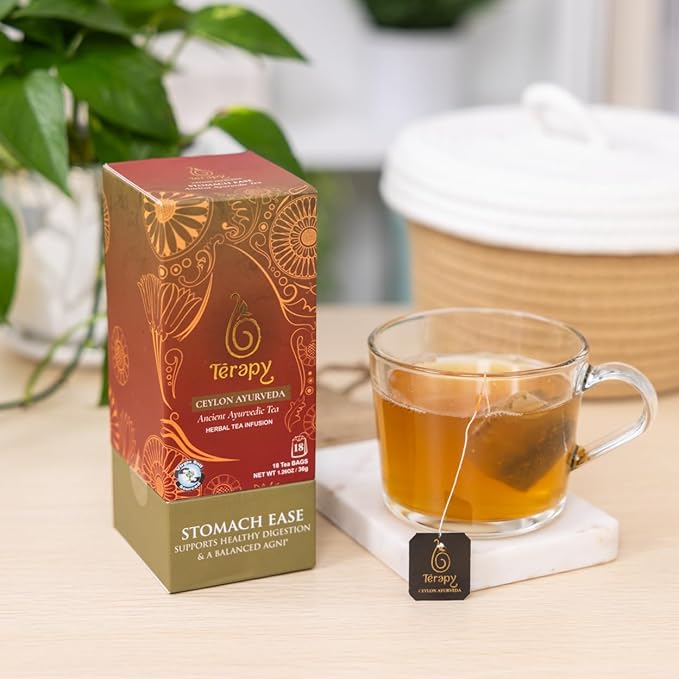 Térapy Ceylon Stomach Ease Herbal Tea Bags | Soothes Stomach & Supports Healthy Digestion | All Natural Ayurvedic Ingredients Including Peppermint, Ginger, Licorice | 18 Individually Wrapped Tea Bags - Bloomnest