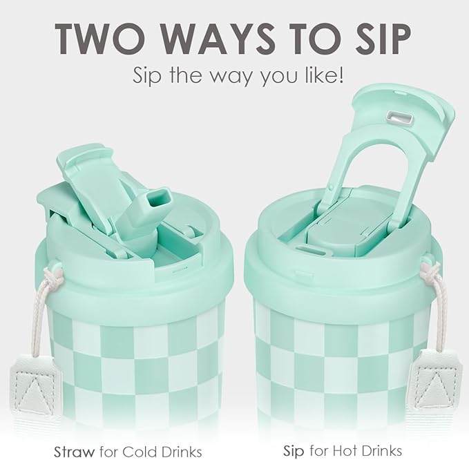Checkered Tumbler - Stainless Steel 2-in-1 Lid Coffee Tumbler 18 oz, Checker Insulated Travel Mug Gift for Women Girls Teens, Birthday Christmas (Mint) - Bloomnest