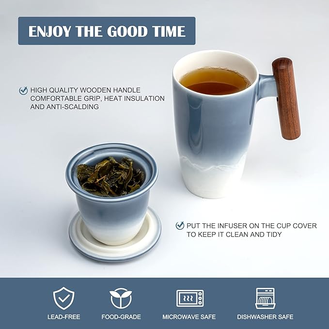 suyika Tomotime Tea Cup with Infuser and Lid 400ml Ceramic Tea Mugs Smooth Inner Wall Wooden Handle 13.5 oz,Blue