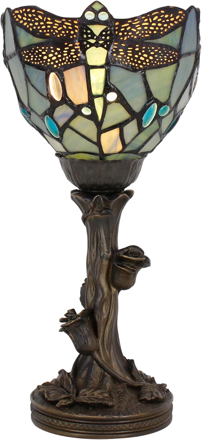 Small Tiffany Lamp Mini Stained Glass Table Lamp Blue Dragonfly Accent Desk Uplight W6 H13.5 Inch Bronze Resin Base - Bloomnest