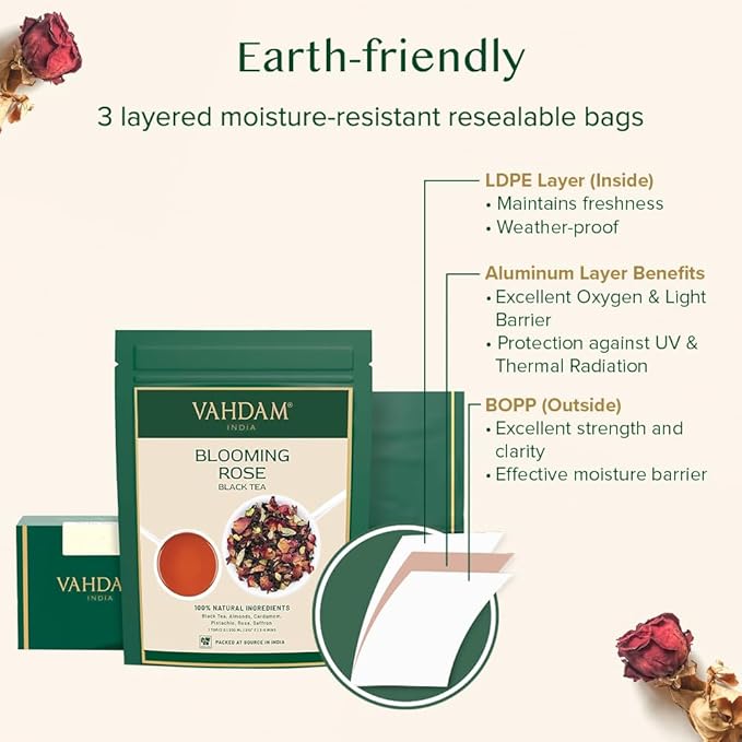 VAHDAM, Blooming Rose Black Tea - Premium Black Tea with Rose Petals (3.5oz) DELICIOUS & AROMATIC Black Tea Loose Leaf with Fragrant Rose Petals | Vacuum Sealed Pack - Bloomnest
