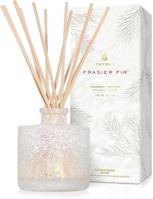 Thymes Frasier Fir Reed Diffuser Set – Includes Reeds, Fragrance Oil, and Frosted Glass Bottle – Fragrance Oil Diffuser – Room Fresheners – Luxury Home Decor – White (Flocked, 4 fl oz) - Bloomnest