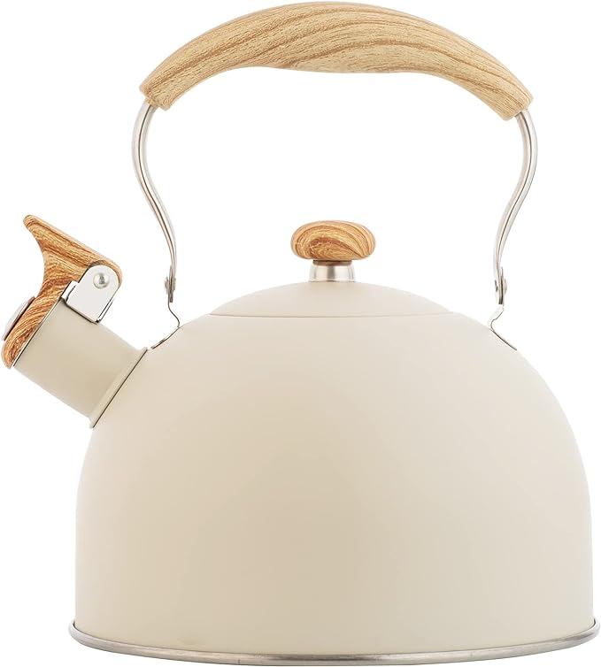 2.6 Quart/2.5 L Whistling Tea Kettles with Wood Grain adjustment Nylon Handle, Capsule Base Tea Kettle, White (White) - Bloomnest