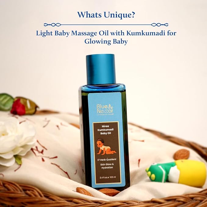 Blue Nectar Baby Oil with Pure Kumkumadi Oil for Glow & Hydration | Ayurvedic Baby Massage Oil for New Born | 100% Natural & Safe Baby Product for Delicate Skin (17 Herbs, 6.76 Fl Oz) - Bloomnest