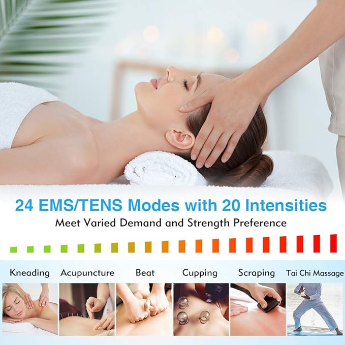 24 Modes Tens Unit Muscle Stimulator, Rechargeable Tens Machine with 8 Electrode Pads (American Gel), Electric Pulse Massager for Pain Relief Therapy(Silver) TECBEAN