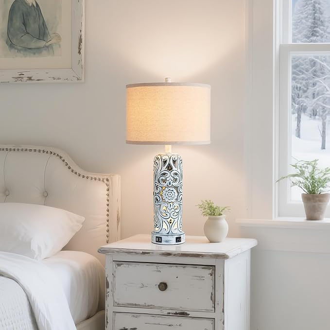 25'' Vintage Coastal Table Lamp Bedside Lamps Set of 2, Farmhouse Table Lamps with Dual USB Ports for Bedroom, Wash Blue Hollow Out Resin Lamp with Nightlight for End Table, 2 Bulbs Included - Bloomnest