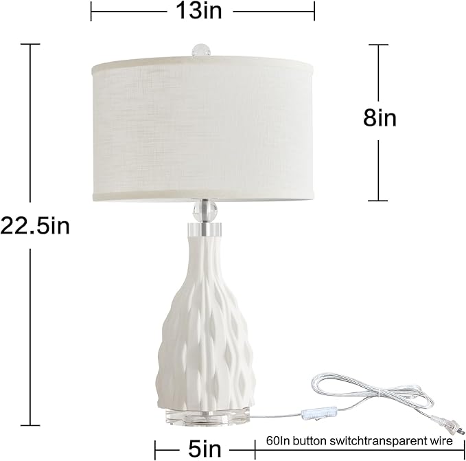 Modern White Textured Ceramic Table Lamps 22.5In, Plug in Table Lamp Decor for Office Living Room Bedroom Bedside Nightstand - Bloomnest