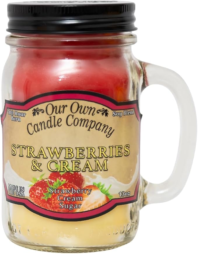 Our Own Candle Company, Strawberries & Cream Scented Mason Jar Candle, 100 Hour Burn Time, Made in The USA - 13 Ounces - Bloomnest