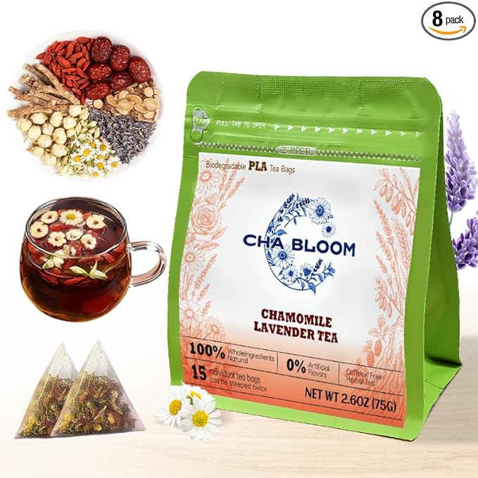 CHA BLOOM Chamomile Lavender Herbal Tea Bags, Caffeine-Free Blend, 15 Sachets, 75g Resealable Bag - Bloomnest